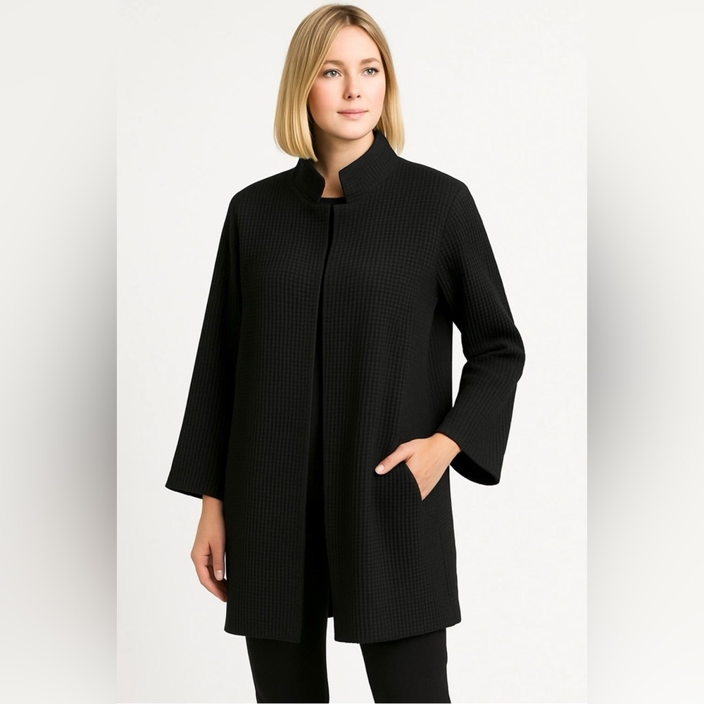 Eileen Fisher NWT $298 Black Stand Collar Long Jacket Womens Sm Organic Cotton